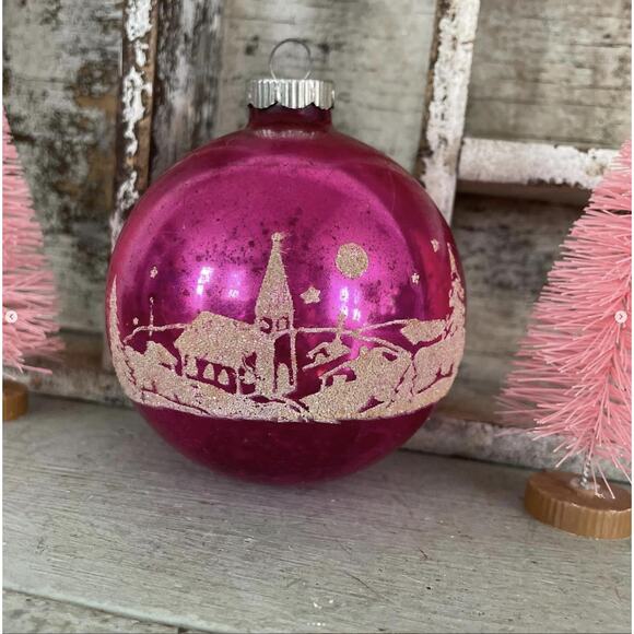 Vintage Pink Shiny Brite Glass Ornament Stencil Winter Church Valentine Jumbo - Picture 3 of 4
